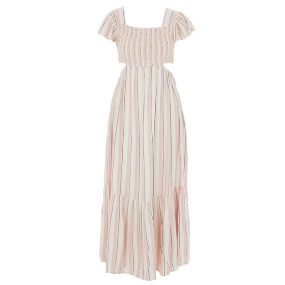 Blue Island Large Cutout Maxi Dress Striped Smocked Flutter Sleeve Pink White - Picture 1 of 9